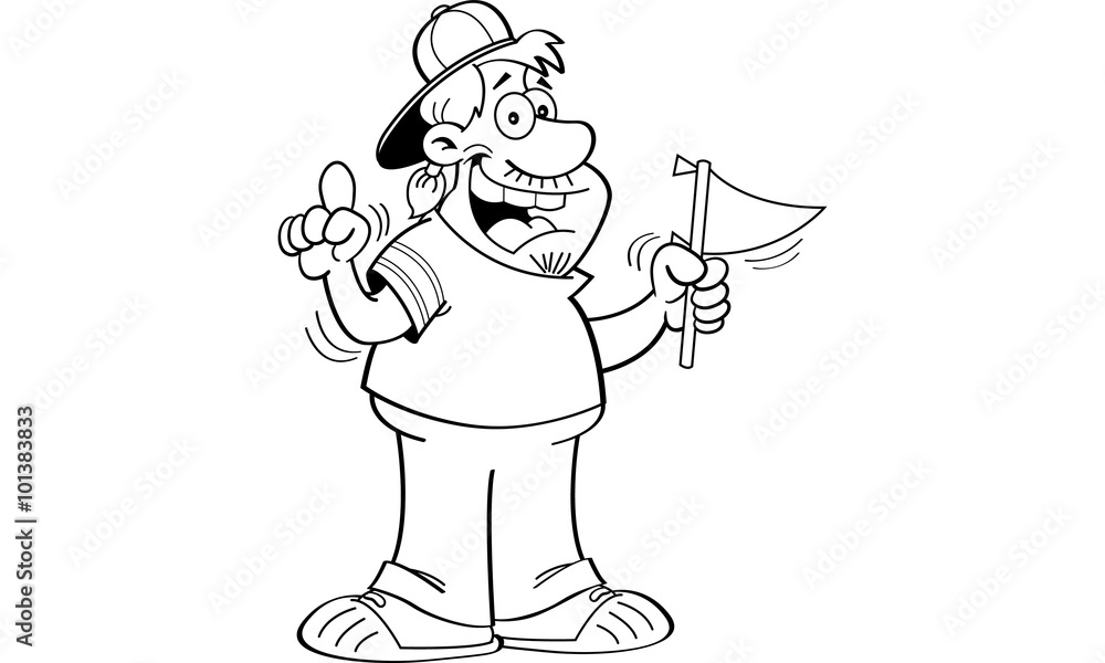 Black and white illustration of a sports fan waving a pennant. Black and white illustration of a sports fan waving a pennant.