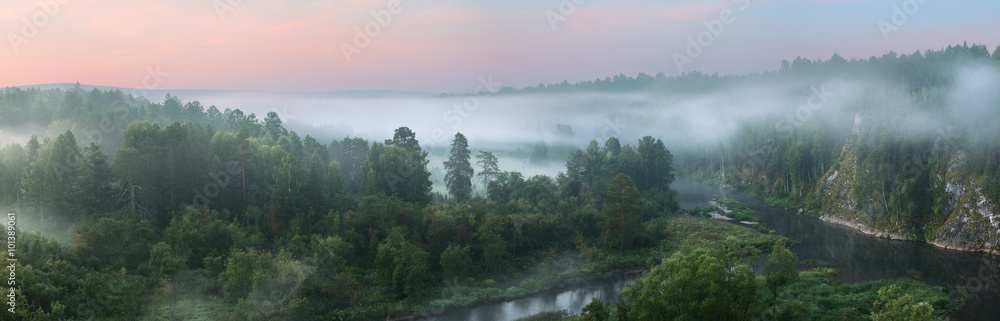 panorama of sunrise on the river