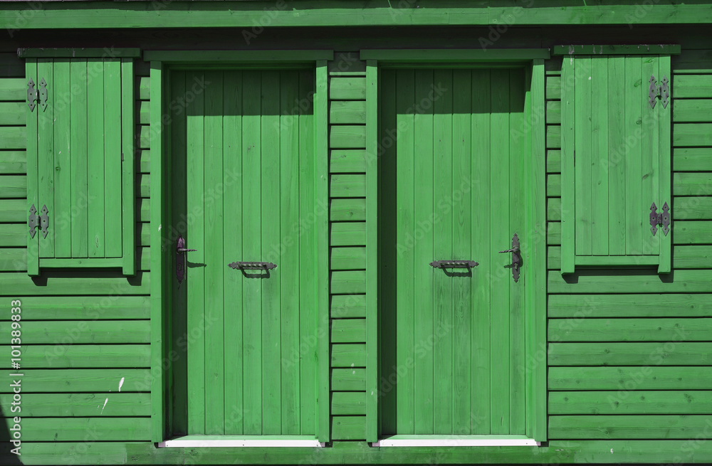 Green main facade of a wooden rustic house Green main facade of a wooden rustic house