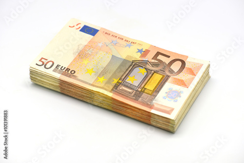 Money pile of 50 Euro banknotes isolated in white