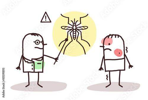 cartoon doctor with sick man and Dengue mosquito