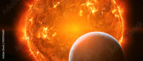 Exploding sun in space close to planet Earth