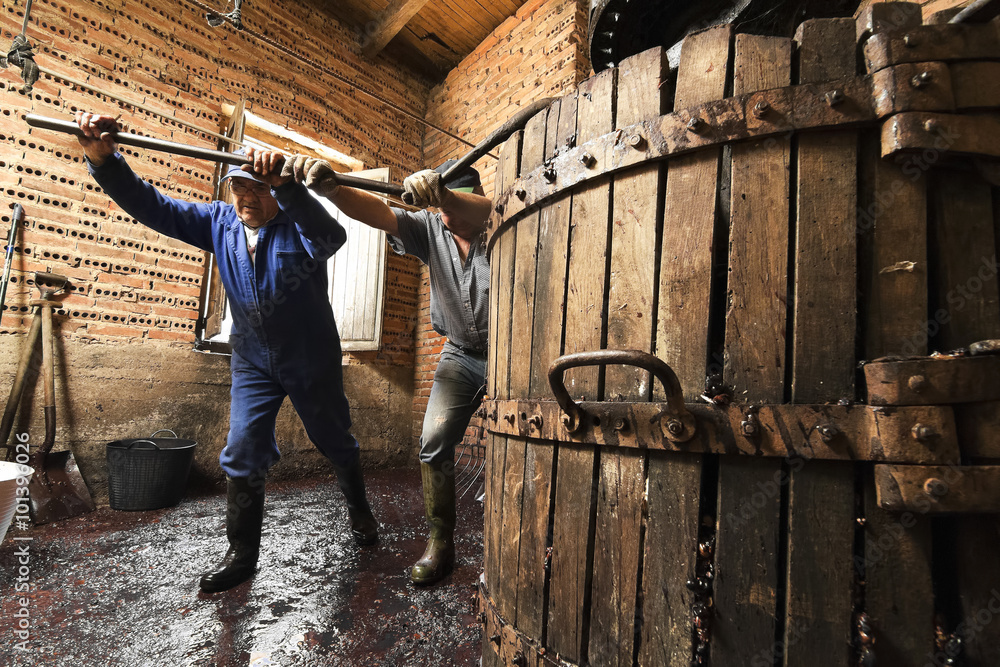 Φωτογραφία farmers making wine of grape  in traditional winepress  in  Villarejo de Orbigo,