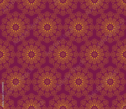 Seamless pattern with round vintage ornaments in purple and gold