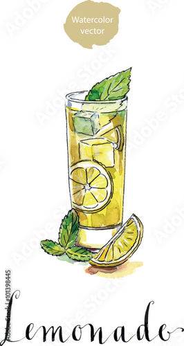 Glass of lemonade or lemon juice with ice cubes and sliced lemon