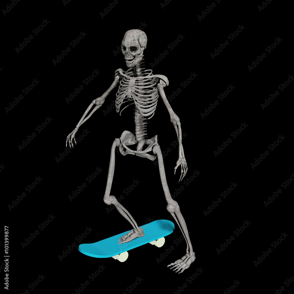 digitally rendered illustration of a human skeleton with a skate board isolated on black