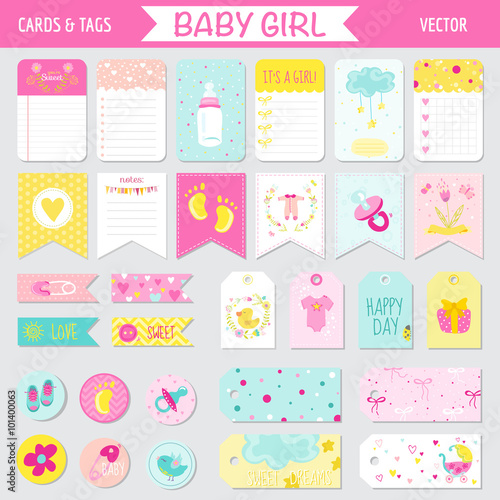 Baby Girl Shower or Arrival Set - Tags, Banners, Labels, Cards 