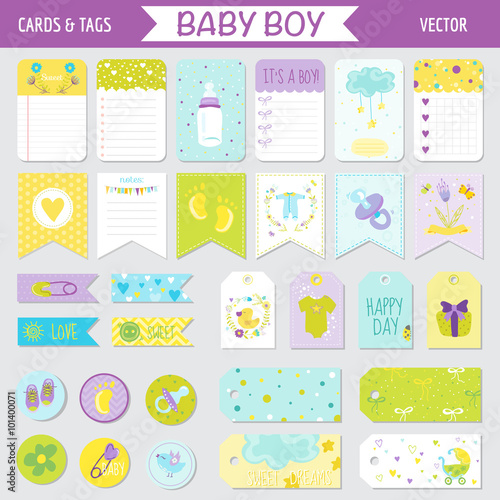 Baby Boy Shower or Arrival Set - Tags, Banners, Labels, Cards