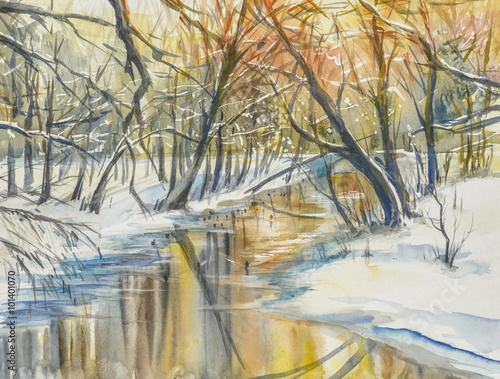 Watercolor painting of wintera landscape:river in fores during sunset. photo