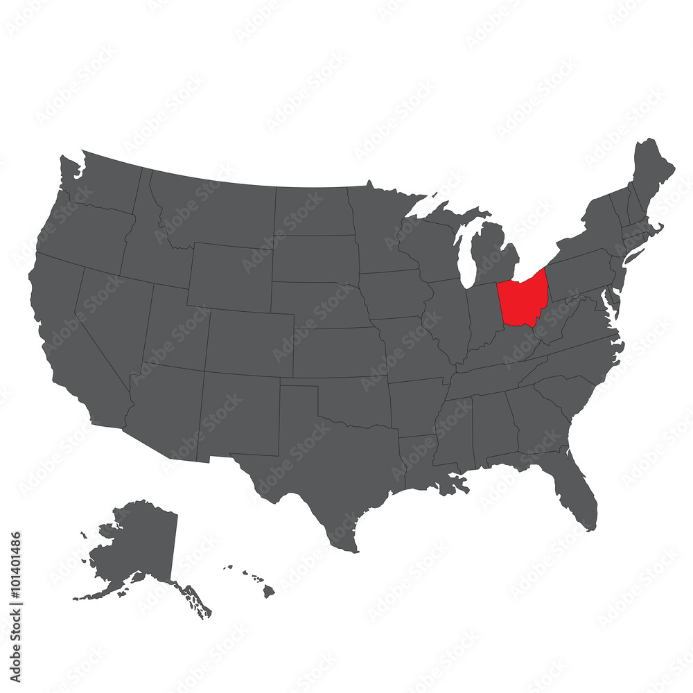 Ohio red map on gray USA map vector