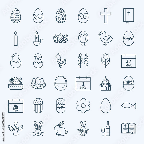 Line Happy Easter Holiday Icons Set