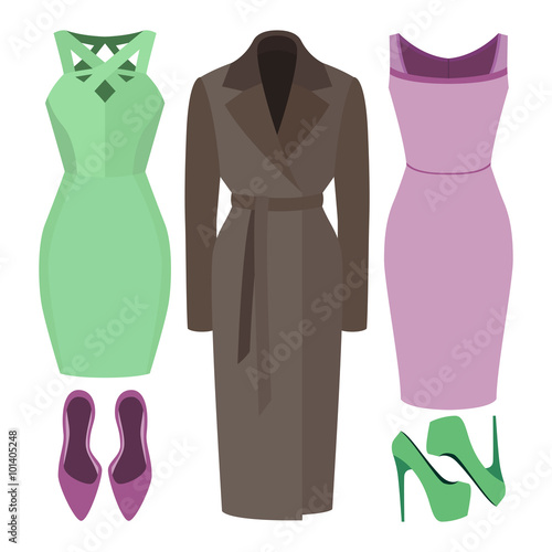 Set of trendy women's clothes. Outfit of woman coat, dress and accessories. Women's wardrobe. Vector illustration