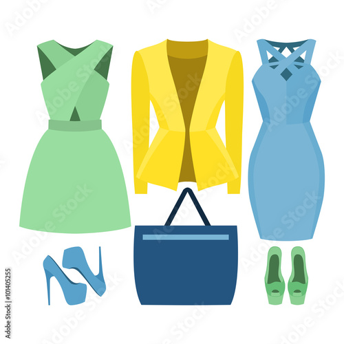 Set of trendy women's clothes. Outfit of woman jacket, dress and accessories. Women's wardrobe. Vector illustration