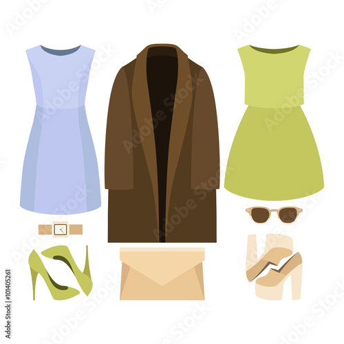 Set of trendy women's clothes. Outfit of woman coat, dress and accessories. Women's wardrobe. Vector illustration