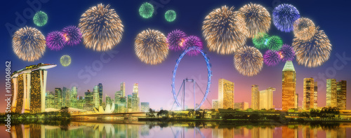 Fireworks in Marina Bay, Singapore Skyline