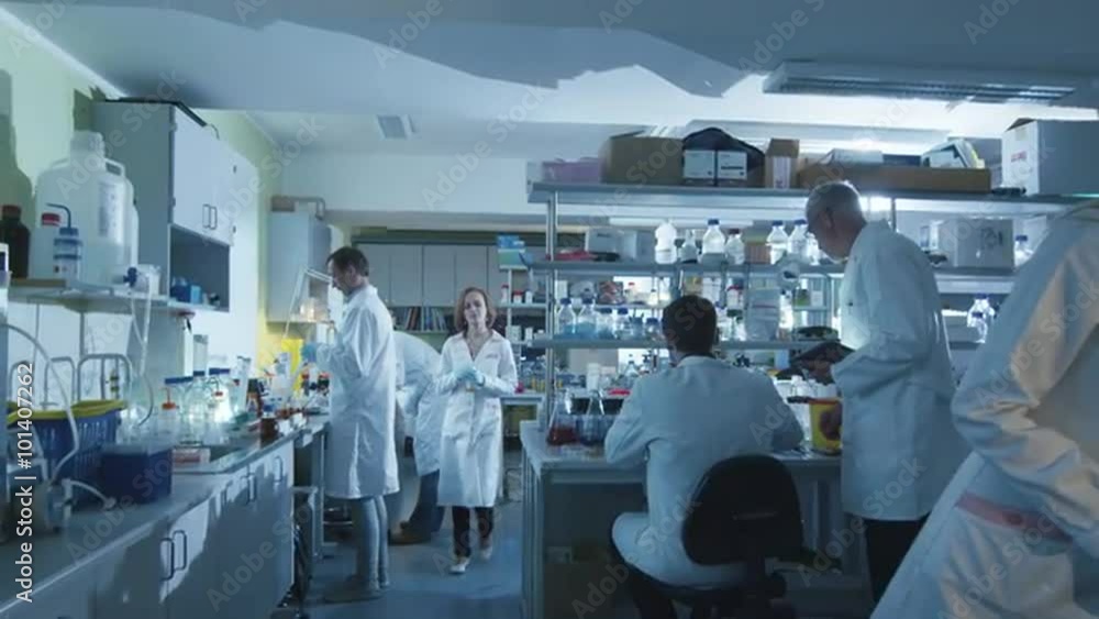 Group of caucasian scientists in white coats are working in a modern laboratory. Shot on RED Cinema Camera. Group of caucasian scientists in white coats are working in a modern laboratory. Shot on RED Cinema Camera.