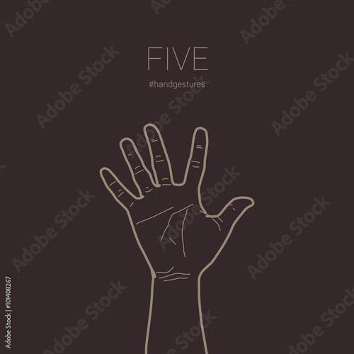 Number five fingers up, “high five” hand gesture. Isolated vector line illustration. Blank space for insert text or design.