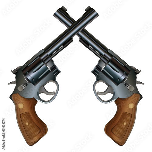 Fotografie, Obraz Crossed Pistols is an illustration of two crossed revolver style handguns with wood grips in a detailed realistic style