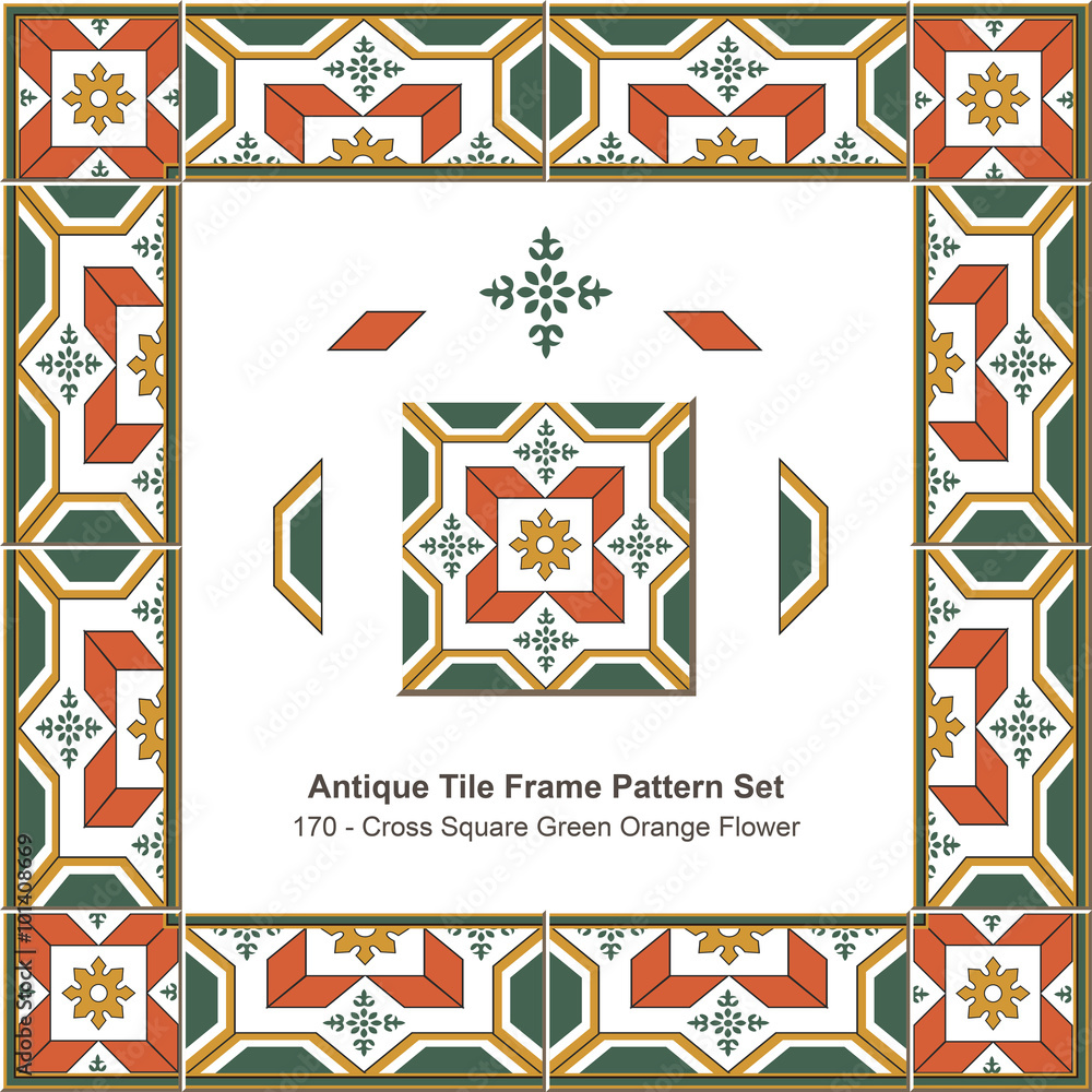 Antique tile frame pattern set_170 Cross Square Green Orange Flower
