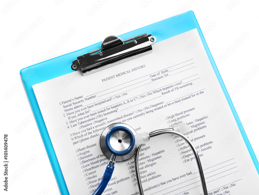 A stethoscope and clipboard, isolated on white A stethoscope and clipboard, isolated on white