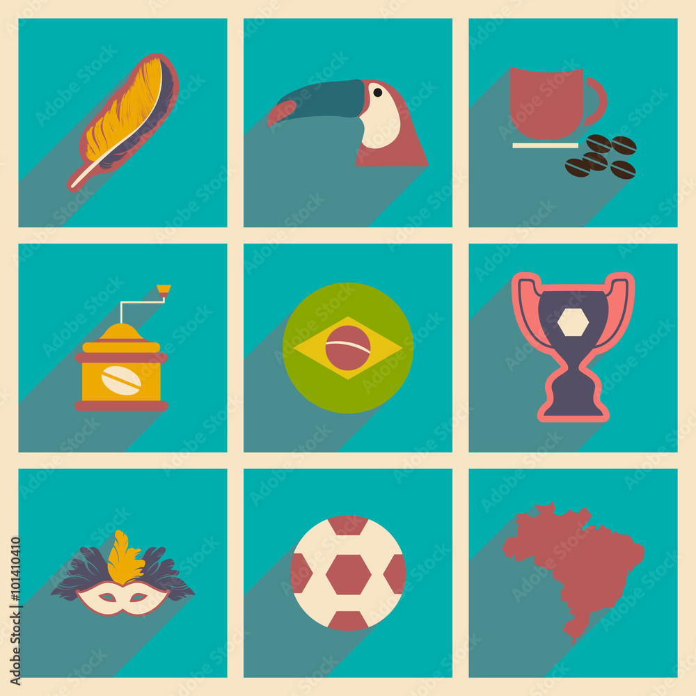 Set of flat icons with long shadow Brazil