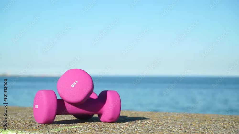 Light pink dumbbells sport symbol outdoor on sea shore 4K Light pink dumbbells sport symbol outdoor on sea shore 4K