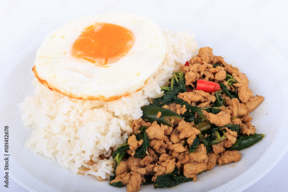 Rice topped with stir-fried chicken, basil and fried egg, fried stir basil with minced chicken on white background (Isolated Background) Rice topped with stir-fried chicken, basil and fried egg, fried stir basil with minced chicken on white background (Isolated Background)