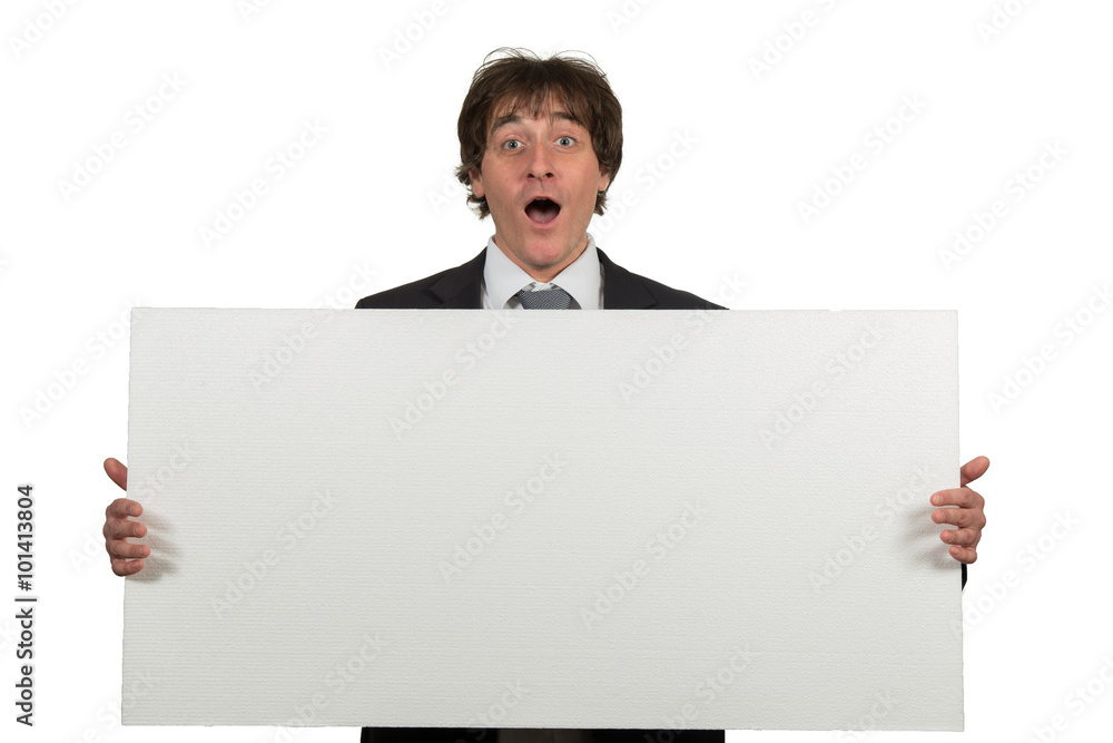 Happy smiling business man showing blank signboard, isolated over white background Happy smiling business man showing blank signboard, isolated over white background