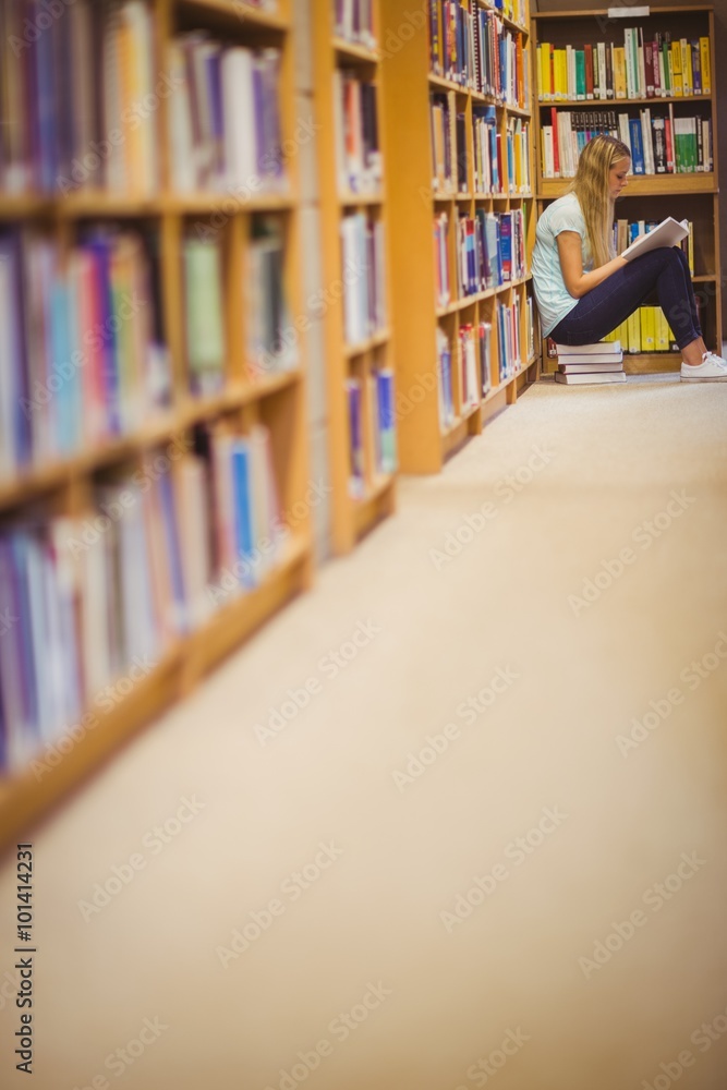 Blonde student reading while sitting on books Blonde student reading while sitting on books