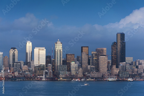 Seattle Skyline. A sunset view of the lovely Seattle  Washington cityscape taken from Alki beach in West Seattle.