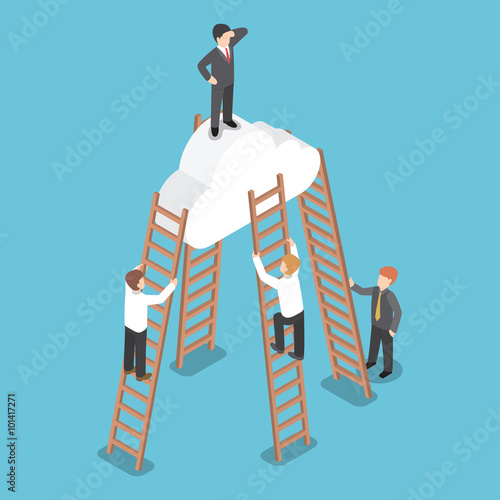 Isometric businessman standing on the cloud and look around