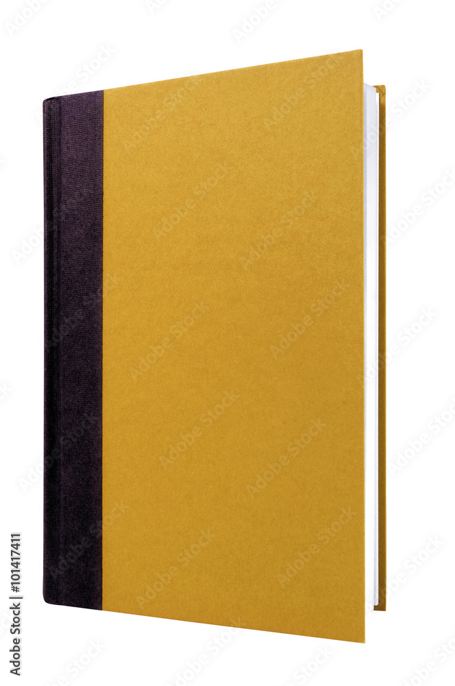 Beige manila or yellow hardcover book one single black spine front cover upright vertical hardback textbook isolated on white background photo Beige manila or yellow hardcover book one single black spine front cover upright vertical hardback textbook isolated on white background photo