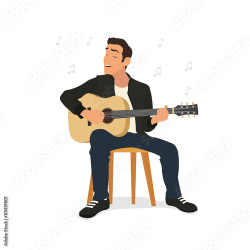 young man playing guitar and sings a song. vector illustration.