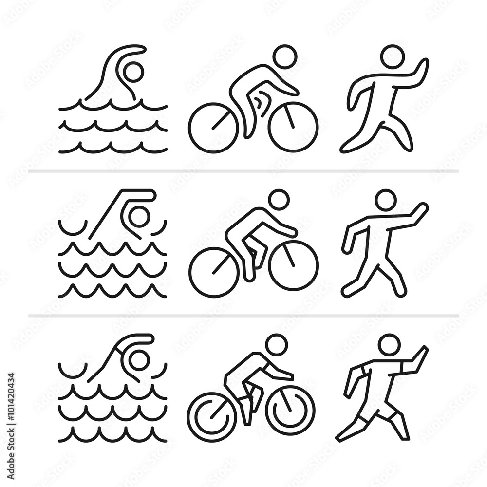 Vector linear and flat triathlon logo and icons.