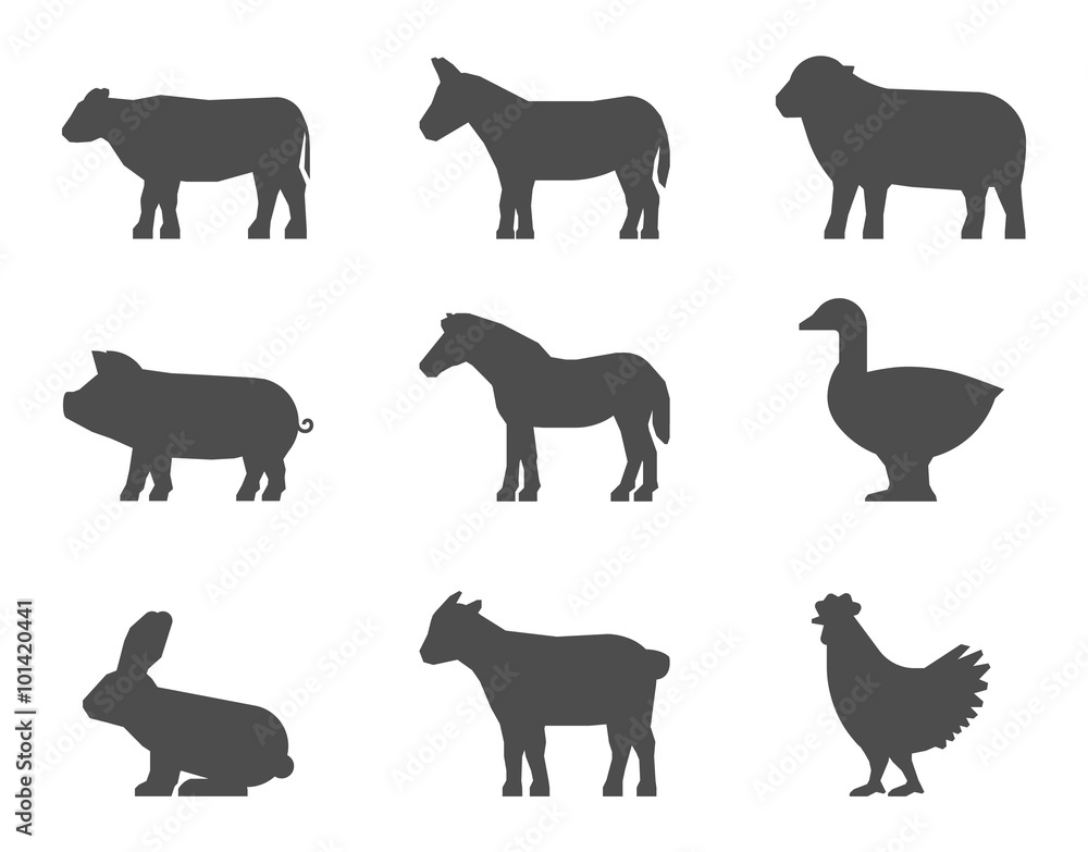 Black set of farm animal silhouettes on a white background.