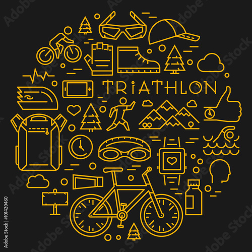 Line triathlon logo and icons. Silhouettes of figures triathlete