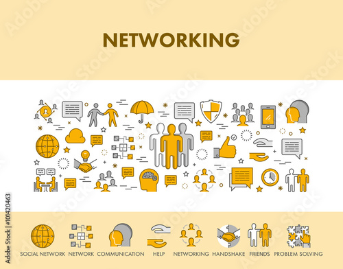 Line design concept web banner and icons for networking.