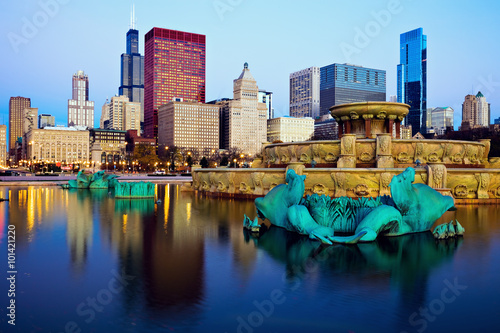 Chicago skyline reflected in Buckingham Fountain photo