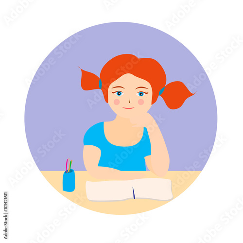 Redhead girl is studying her lessons.