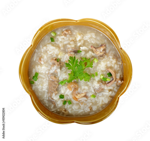 Pork with boiled rice isolated on white background