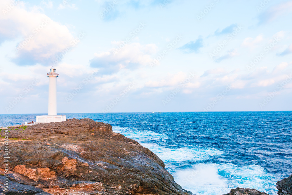 Lighthouse, sunrise, landscape. Okinawa, Japan.
