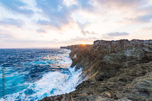 Sunrise, sea, cliffs, seascape. Okinawa, Japan.