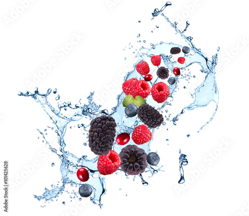Fresh fruits, berries falling in water splash, isolated on white background