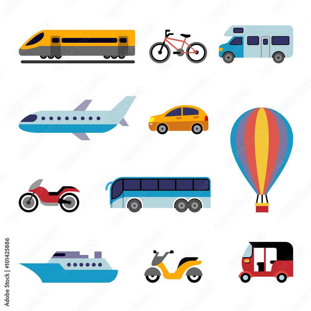 Colorfull flat transport icons - obrazy, fototapety, plakaty 