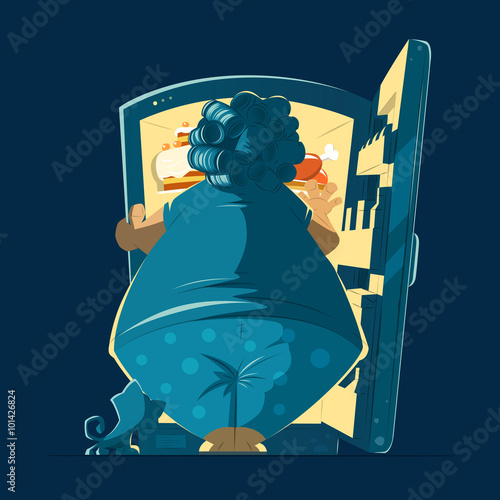 Fat woman lady and a night open fidge