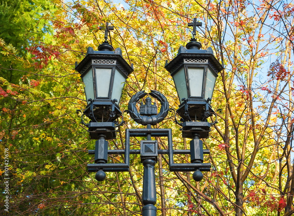 Beautiful wrought-iron Moscow lantern on the background of the autumn trees