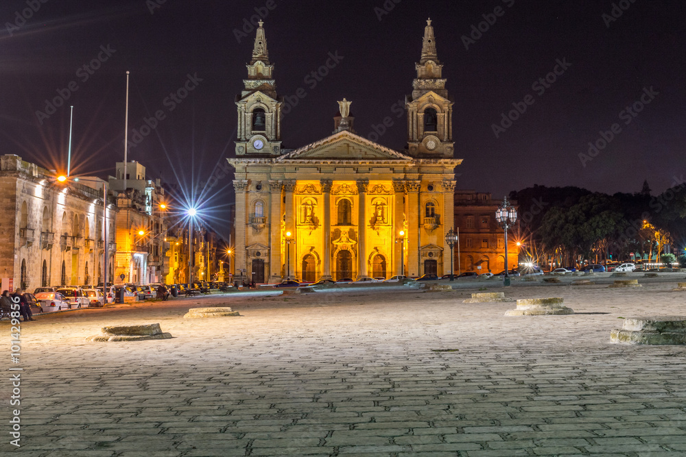 St. Publius Catholic Church by night, Floriana, Malta