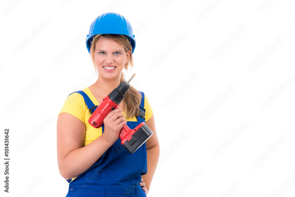 zufriedene handwerkerin mit bohrmaschiene zufriedene handwerkerin mit bohrmaschiene