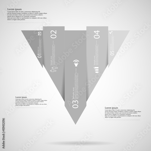 Triangle infographic template vertically divided to five grey parts