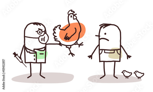cartoon doctor and farmer with sick chicken